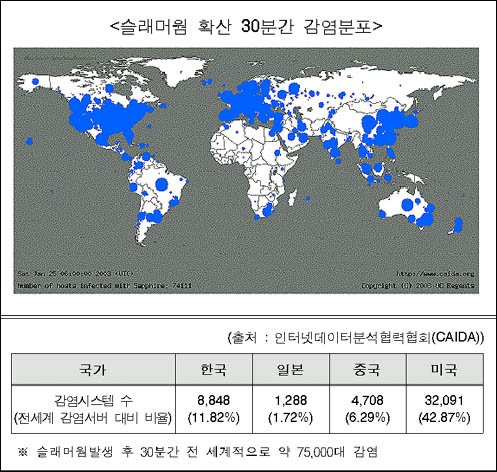 슬래머 웜 확산 30분간 감염분포 